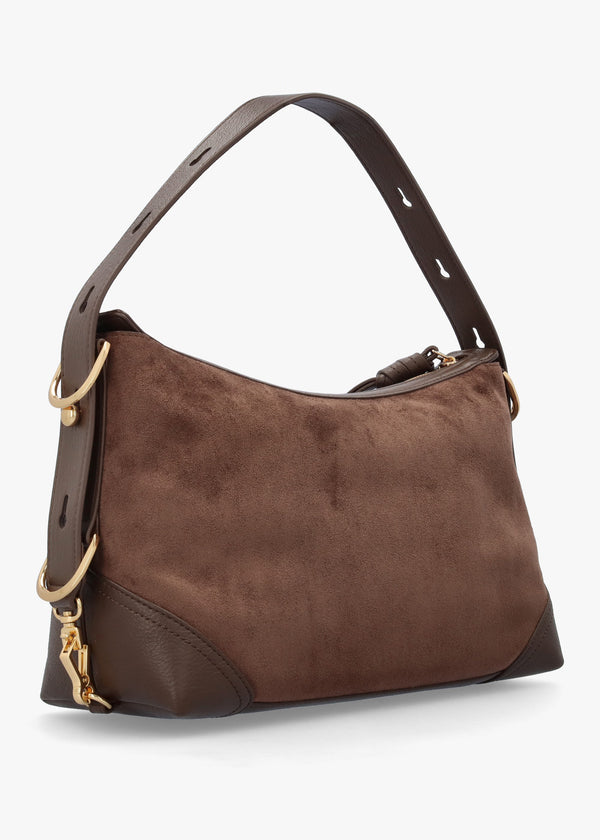 Brown Suedette Top Zip Shoulder Bag