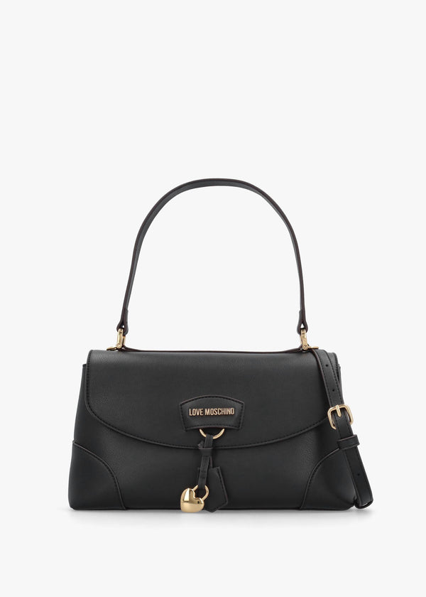 Love Moschino Black Recycled Leather Flapover Shoulder Bag