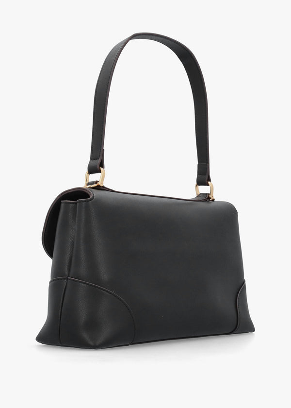 Black Recycled Leather Flapover Shoulder Bag