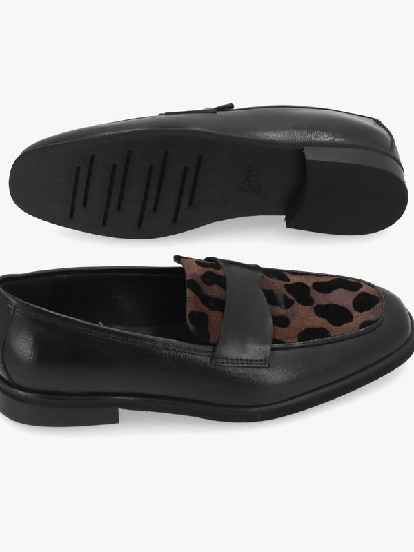 LUCA GROSSI Black Leather Leopard Loafers