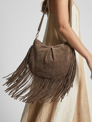 Makala Taupe Suede Fringed Boho Bag