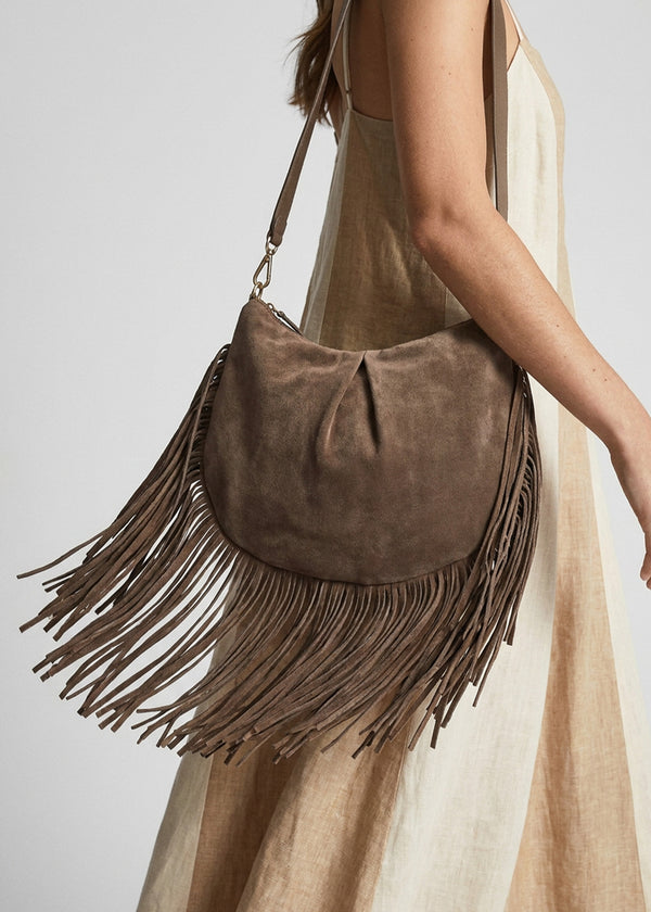 Makala Taupe Suede Fringed Boho Bag