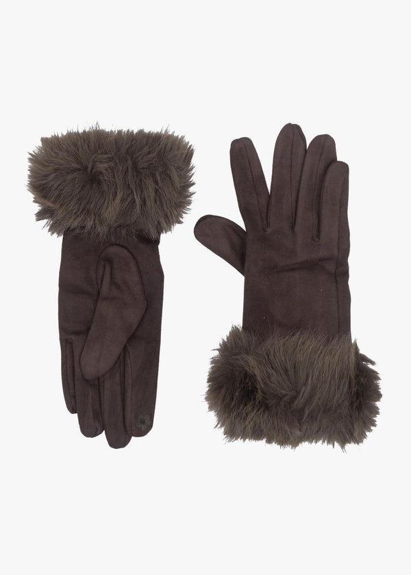 Malissa Brown Suedette Faux Fur Trim Gloves