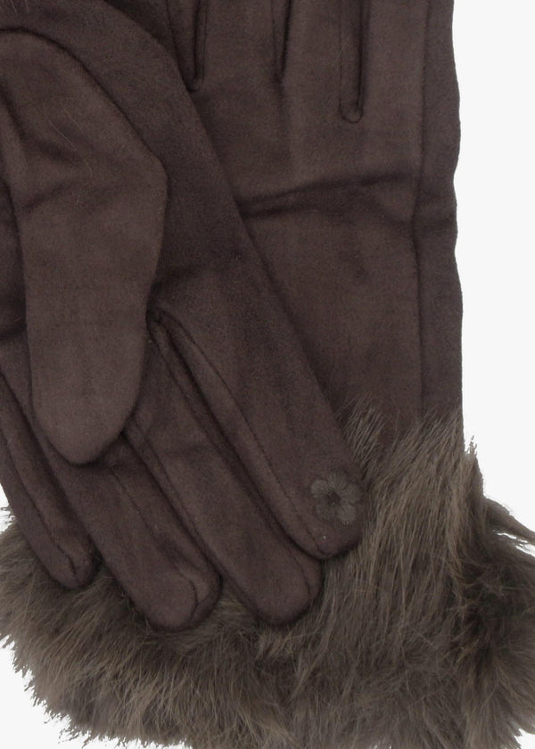 Malissa Brown Suedette Faux Fur Trim Gloves