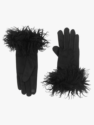 Black Suedette Faux Mongolian Trim Gloves