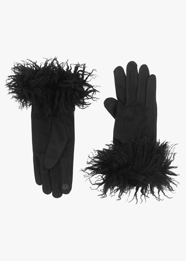 Black Suedette Faux Mongolian Trim Gloves