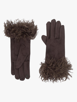 Malissa Brown Suedette Faux Mongolian Trim Gloves