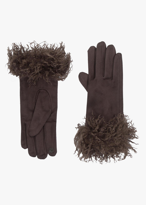 Malissa Brown Suedette Faux Mongolian Trim Gloves