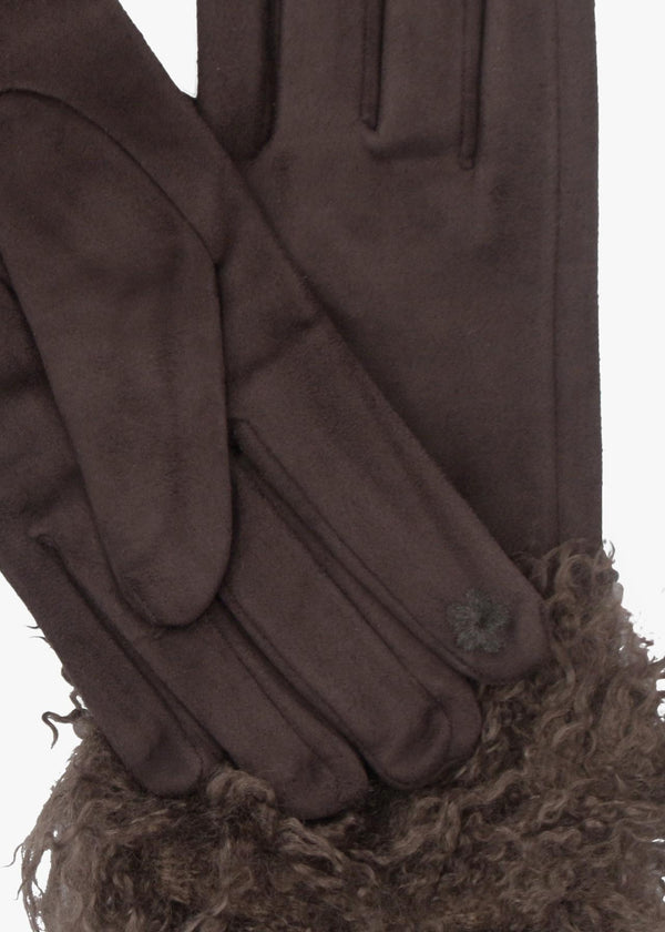 Malissa Brown Suedette Faux Mongolian Trim Gloves
