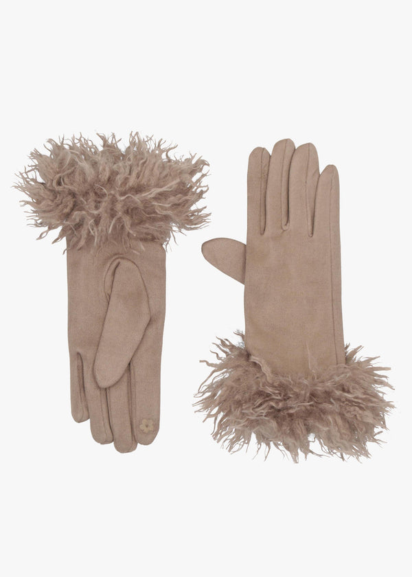 Malissa Taupe Suedette Faux Mongolian Trim Gloves