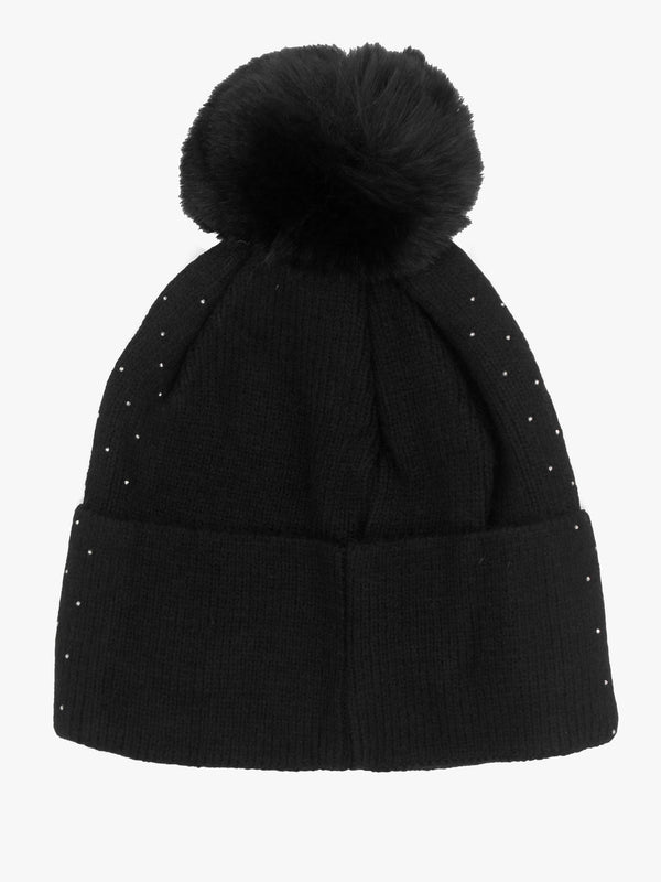Diamanté Fleeced Lined Black Pom Pom Beanie Hat