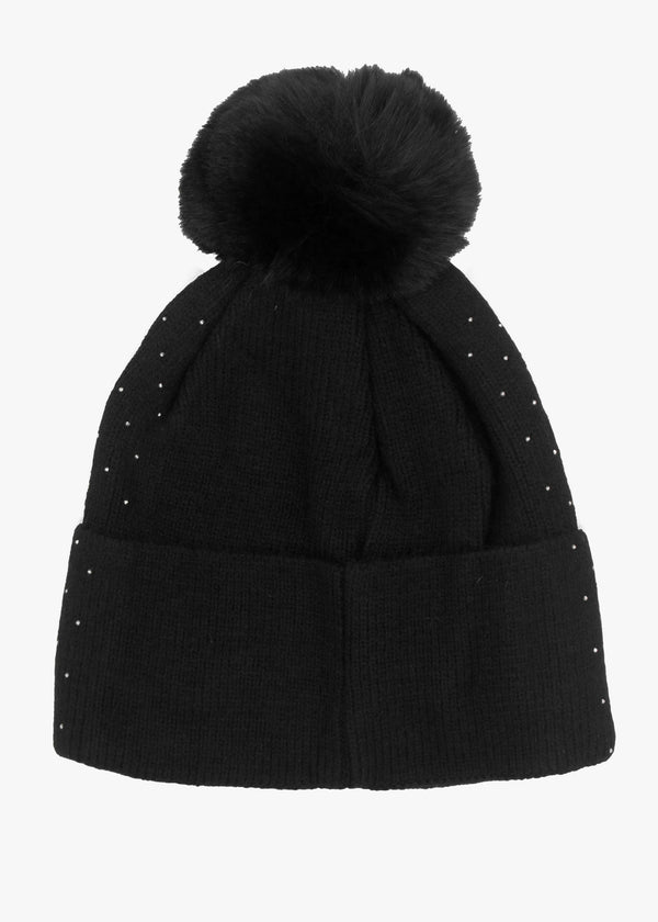 Malissa Diamanté Fleeced Lined Black Pom Pom Beanie Hat
