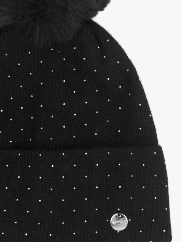 Diamanté Fleeced Lined Black Pom Pom Beanie Hat