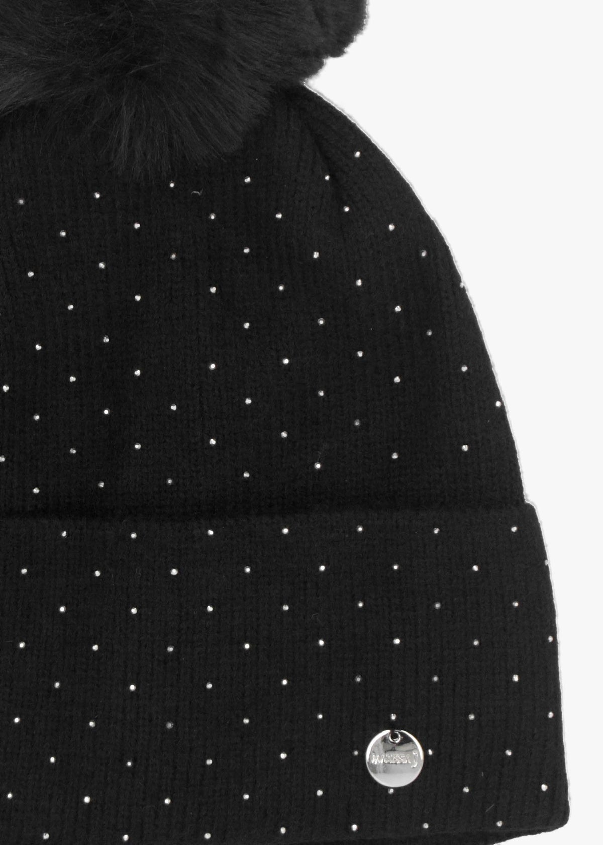 Diamanté Fleeced Lined Black Pom Pom Beanie Hat