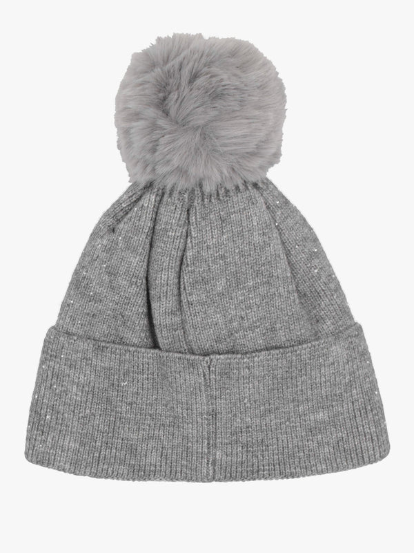 Diamanté Fleeced Lined Grey Pom Pom Beanie Hat