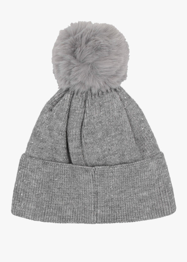 Malissa Diamanté Fleeced Lined Grey Pom Pom Beanie Hat