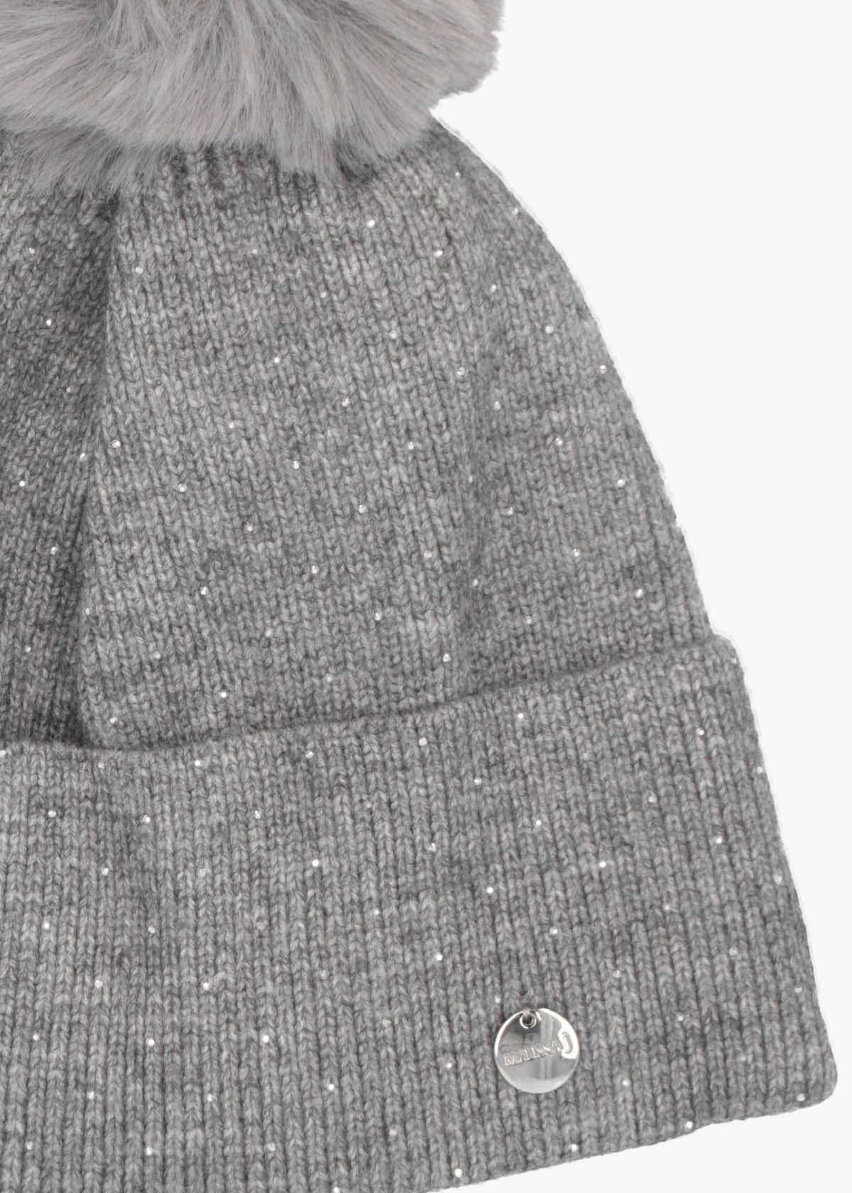 Diamanté Fleeced Lined Grey Pom Pom Beanie Hat