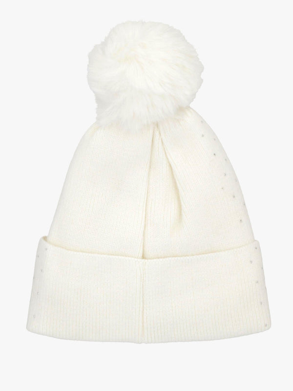 Diamanté Fleeced Lined White Pom Pom Beanie Hat