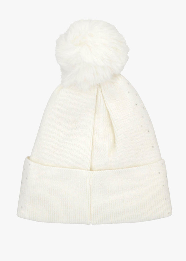 Malissa Diamanté Fleeced Lined White Pom Pom Beanie Hat