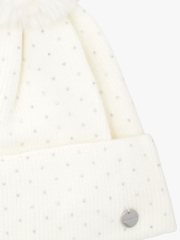 Diamanté Fleeced Lined White Pom Pom Beanie Hat