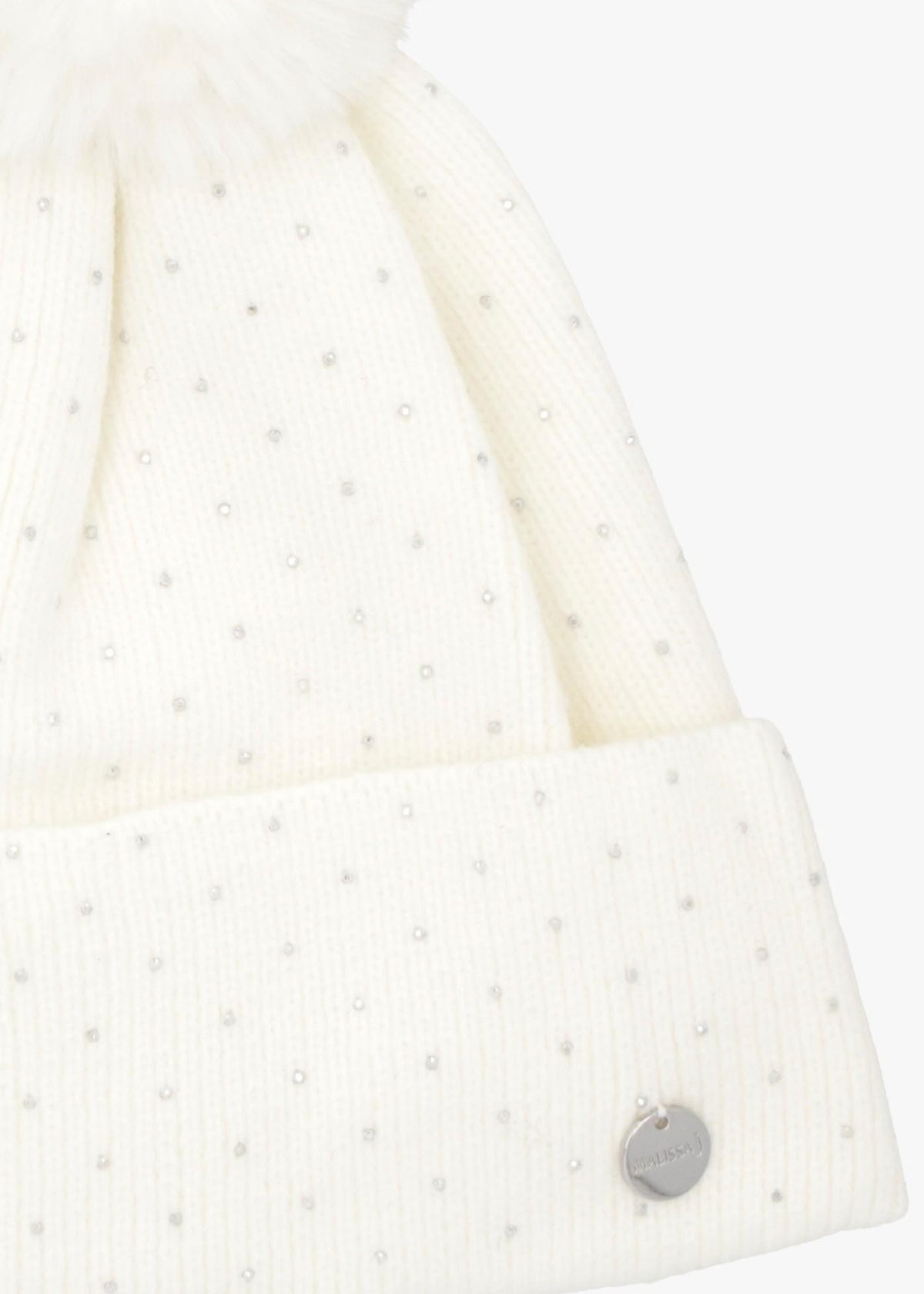 Diamanté Fleeced Lined White Pom Pom Beanie Hat