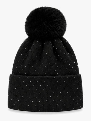 Malissa Diamanté Fleeced Lined Black Pom Pom Beanie Hat