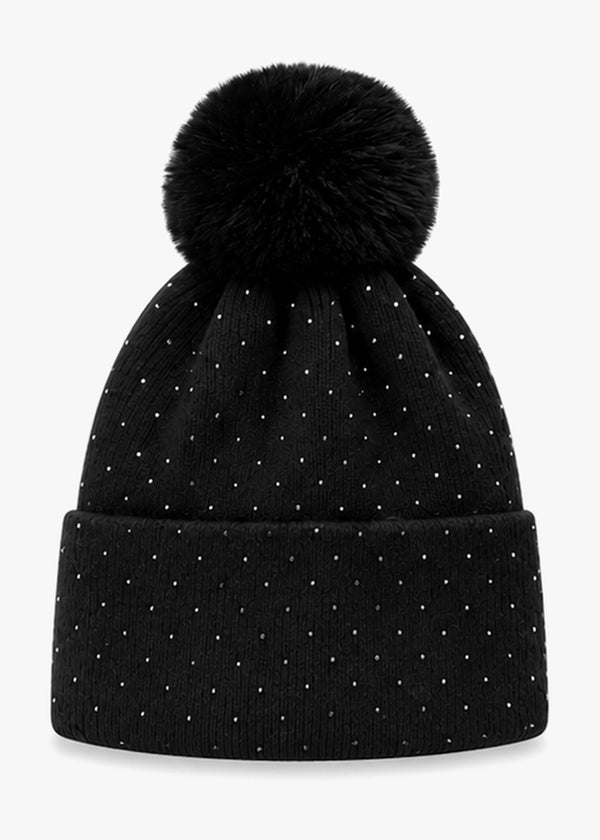 Malissa Diamanté Fleeced Lined Black Pom Pom Beanie Hat