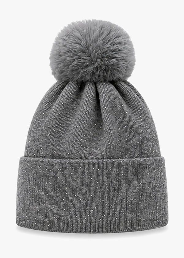 Malissa Diamanté Fleeced Lined Grey Pom Pom Beanie Hat
