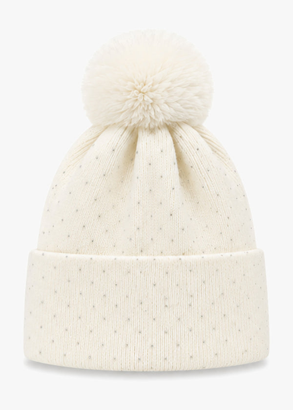 Malissa Diamanté Fleeced Lined White Pom Pom Beanie Hat