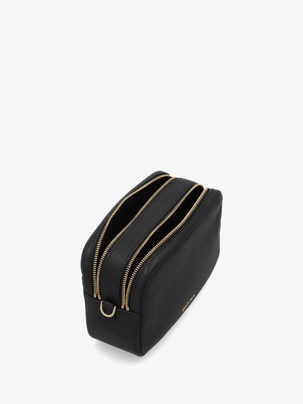 Bryant Black Pebbled Leather Double Zip Camera Cross-Body Bag