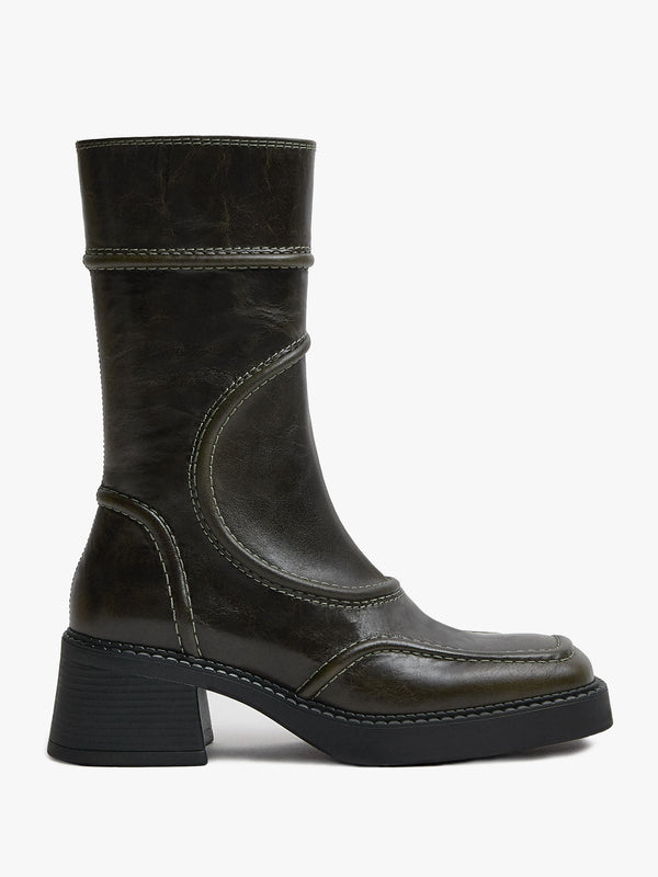 Miista Malene Khaki Leather Block Heel Calf Boots