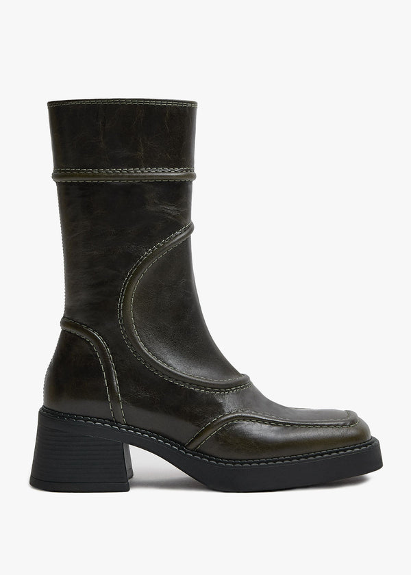 Miista Malene Khaki Leather Block Heel Calf Boots