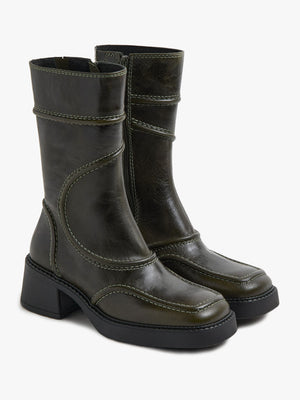 Miista Malene Khaki Leather Block Heel Calf Boots