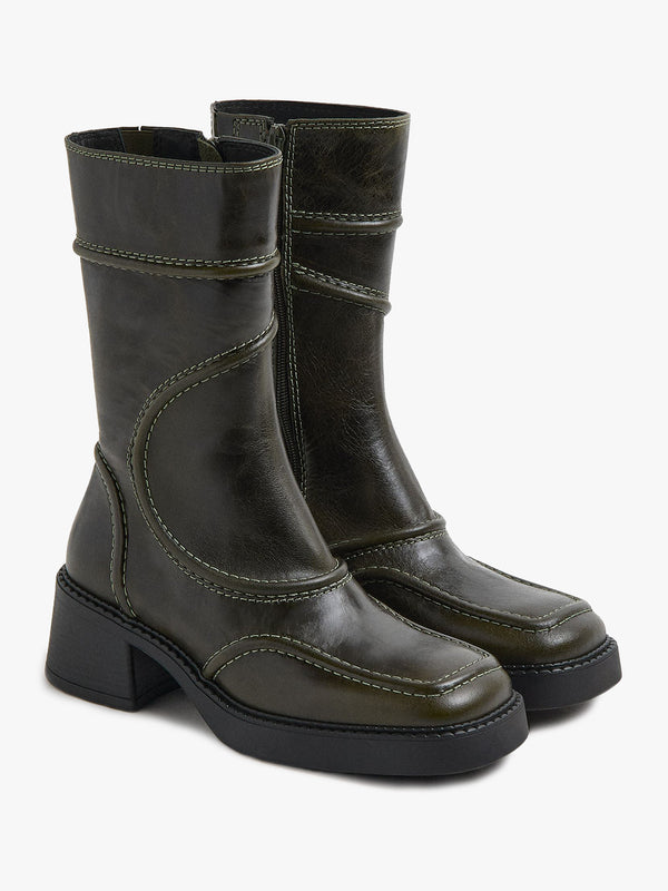 Miista Malene Khaki Leather Block Heel Calf Boots