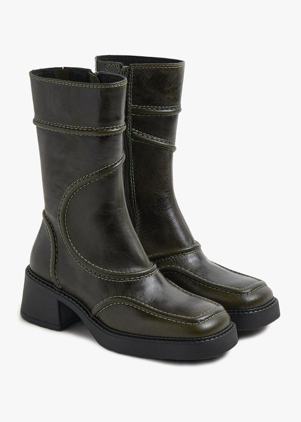 Miista Malene Khaki Leather Block Heel Calf Boots