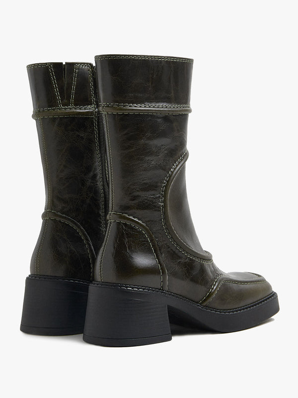 Miista Malene Khaki Leather Block Heel Calf Boots