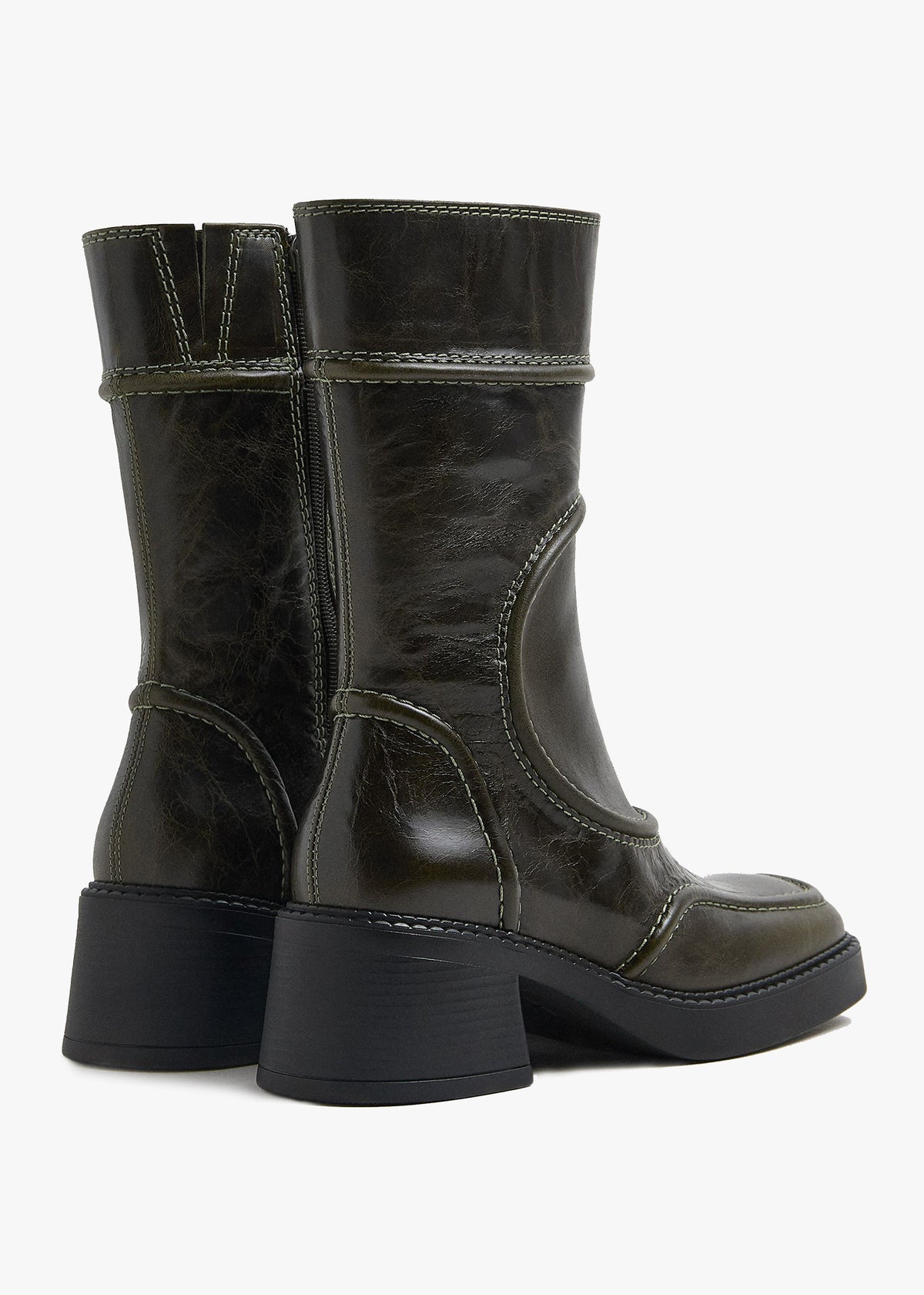 Miista Malene Khaki Leather Block Heel Calf Boots