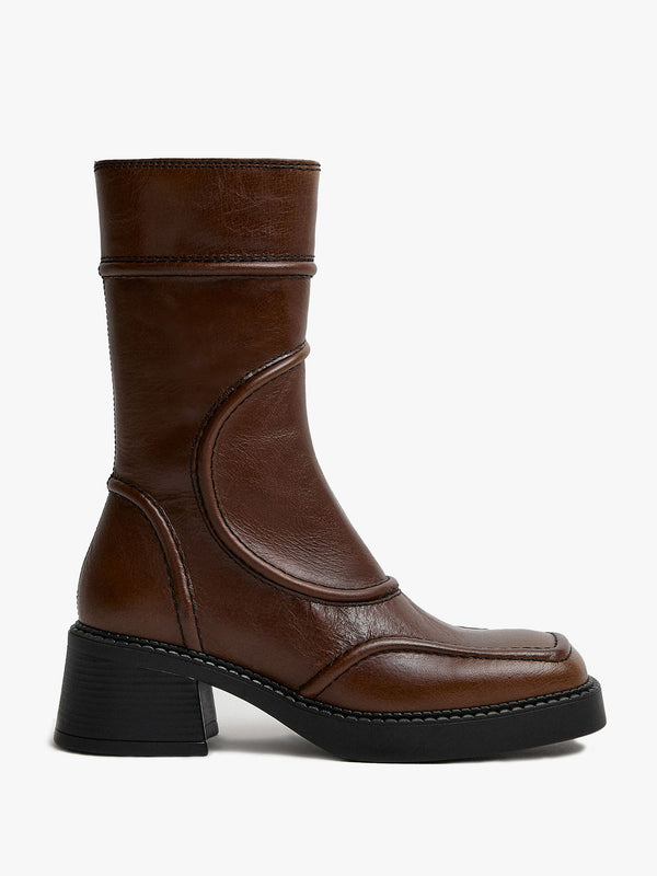 Miista Malene Tan Black Leather Block Heel Calf Boots