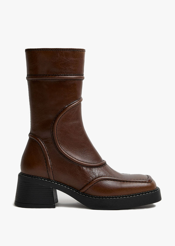 Miista Malene Tan Black Leather Block Heel Calf Boots