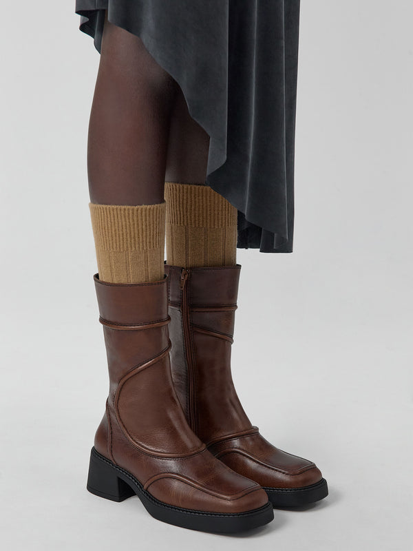 Miista Malene Tan Black Leather Block Heel Calf Boots