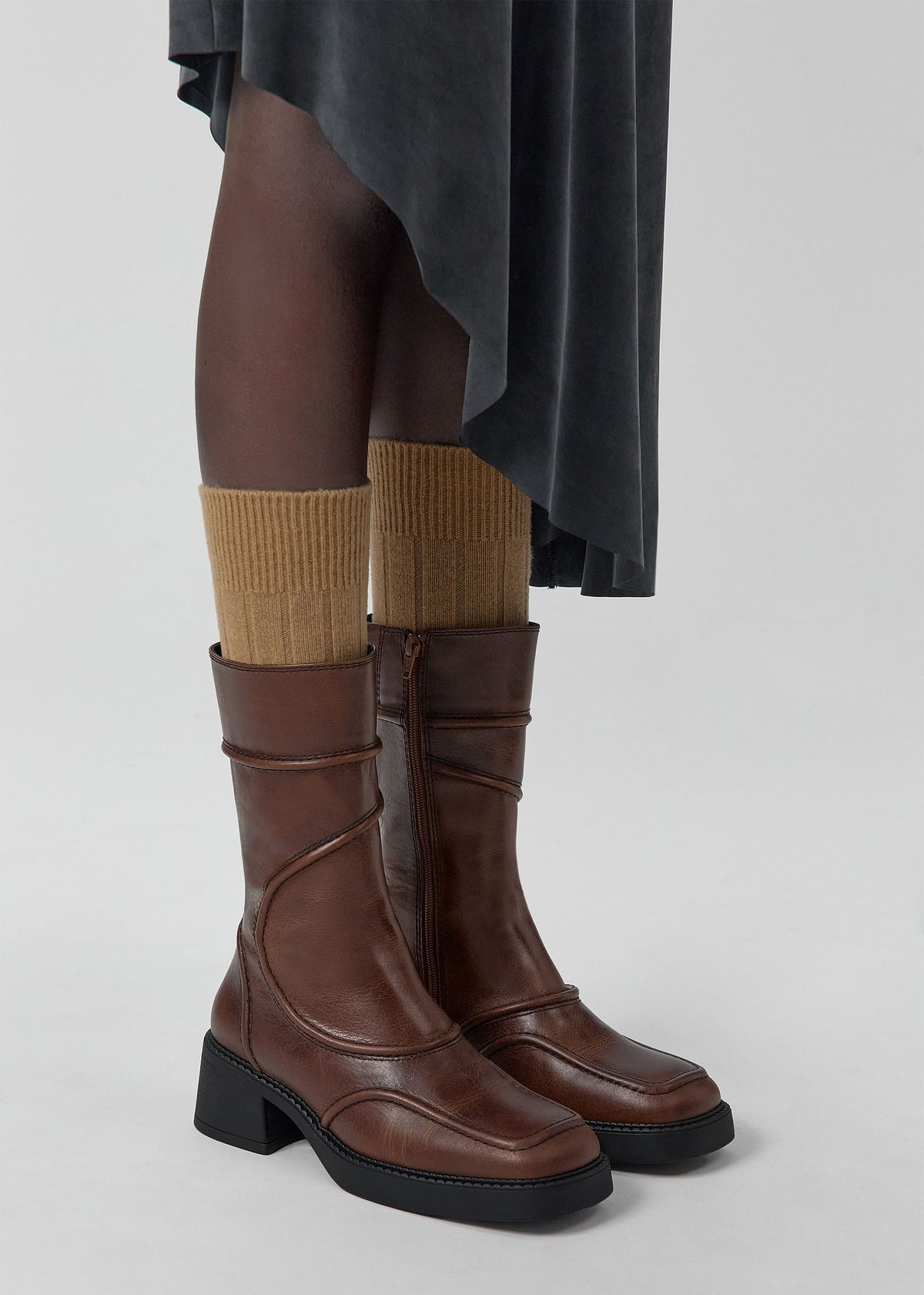 Miista Malene Tan Black Leather Block Heel Calf Boots