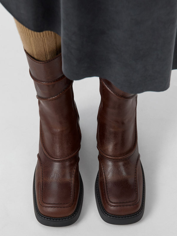 Miista Malene Tan Black Leather Block Heel Calf Boots