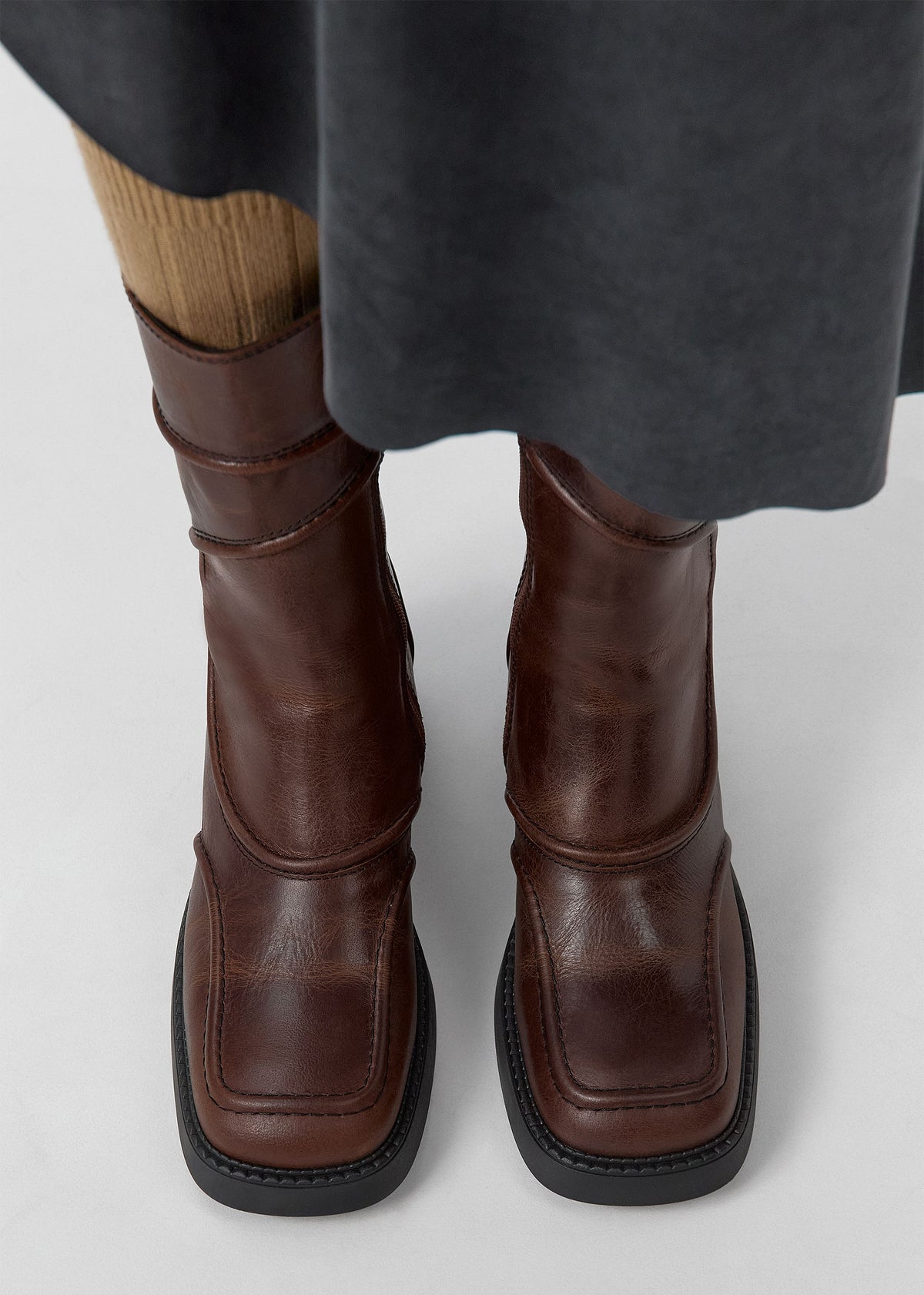 Miista Malene Tan Black Leather Block Heel Calf Boots