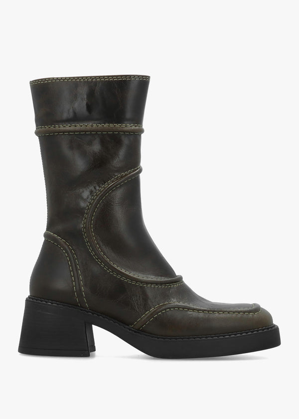 Miista Malene Khaki Leather Block Heel Calf Boots