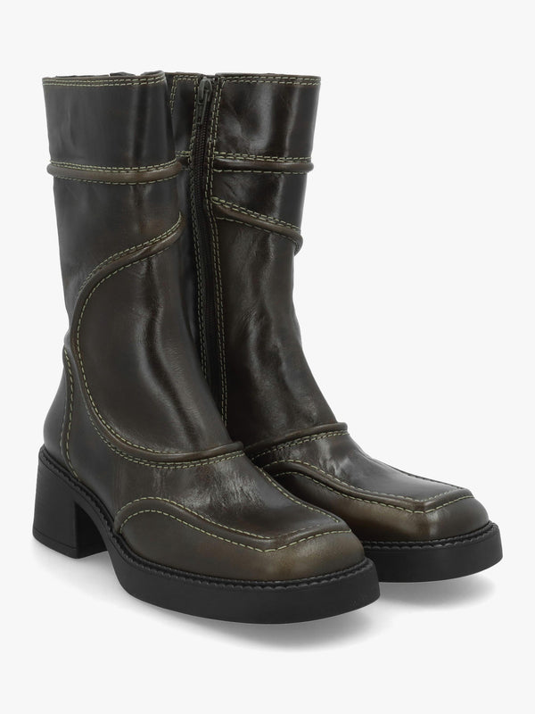Miista Malene Khaki Leather Block Heel Calf Boots