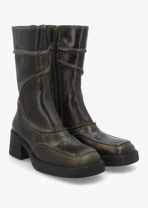 Miista Malene Khaki Leather Block Heel Calf Boots
