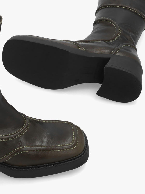 Miista Malene Khaki Leather Block Heel Calf Boots