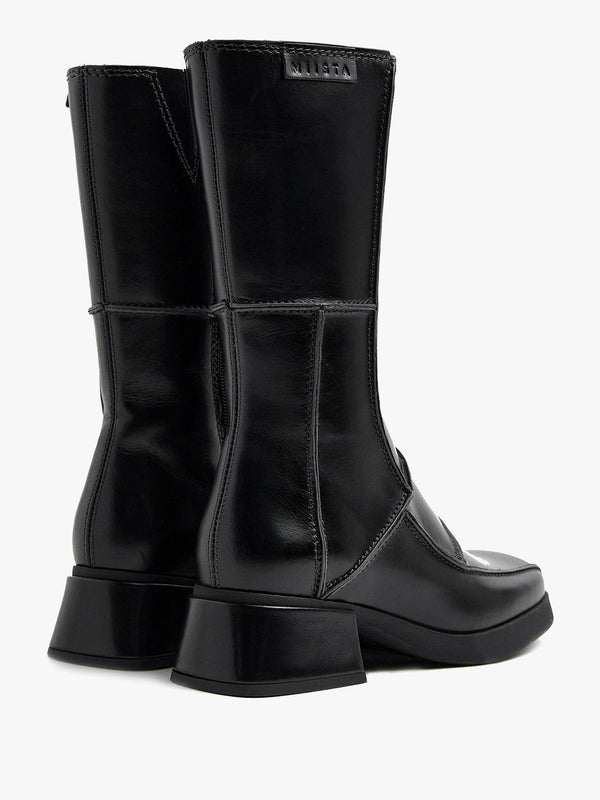 Miista Neaera Black Leather Block Heel Calf Boots