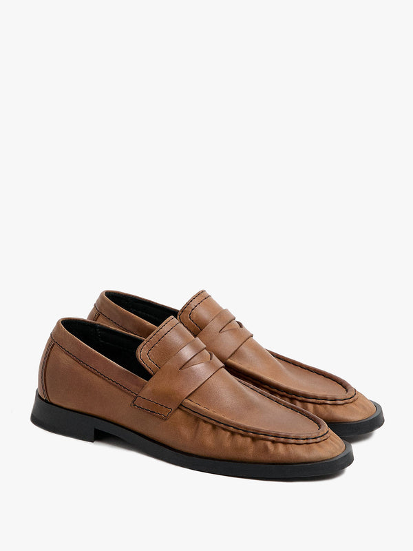 Miista Zita Tan Black Leather Moccasin Loafers
