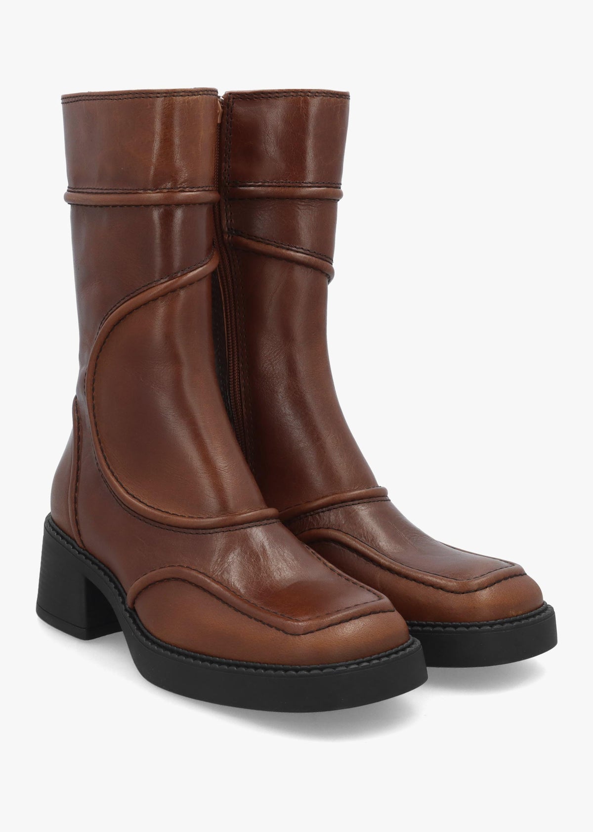 Miista Malene Tan Black Leather Block Heel Calf Boots
